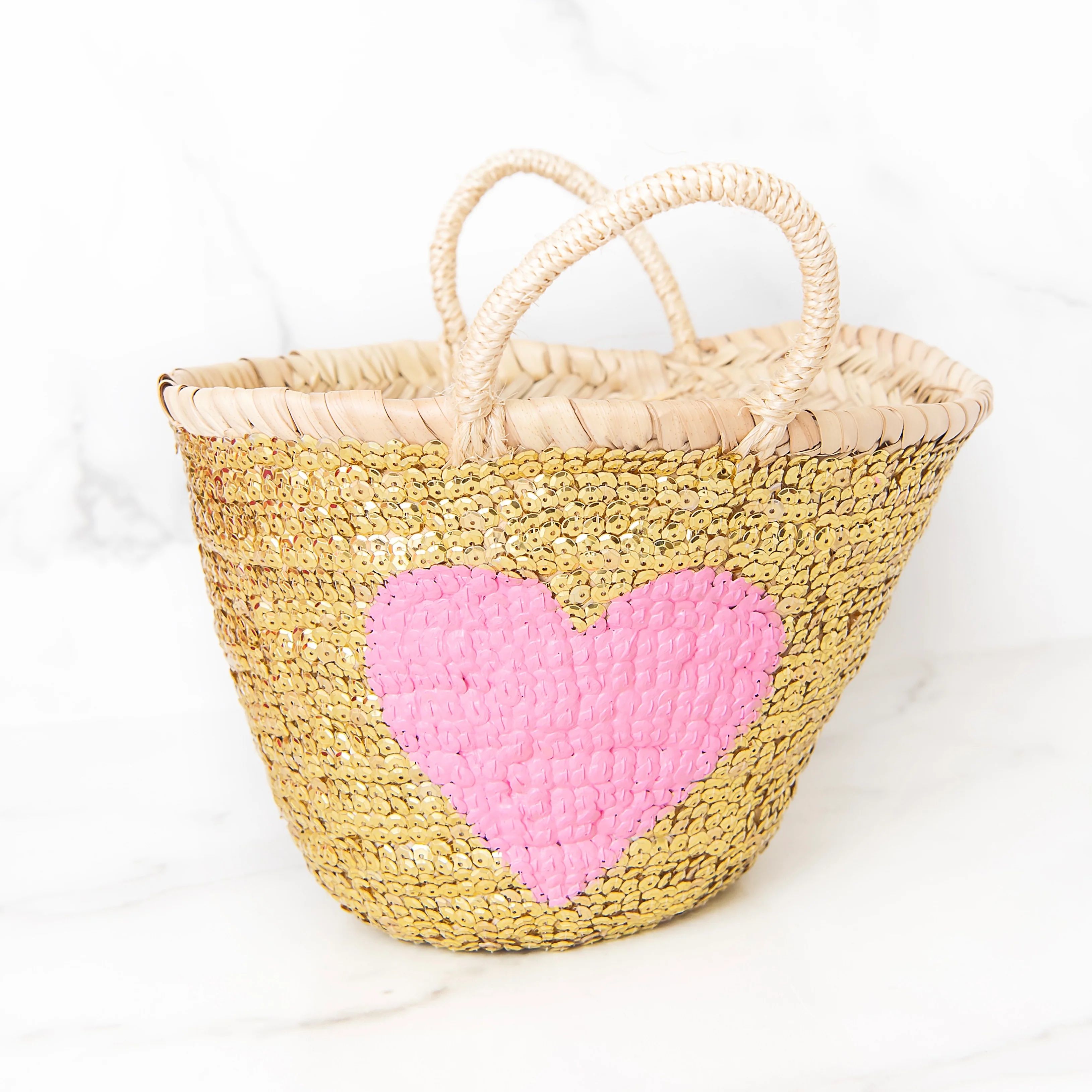 GOLD All-Sequin Beach Bag with PINK Heart | Mini | Golden Thread