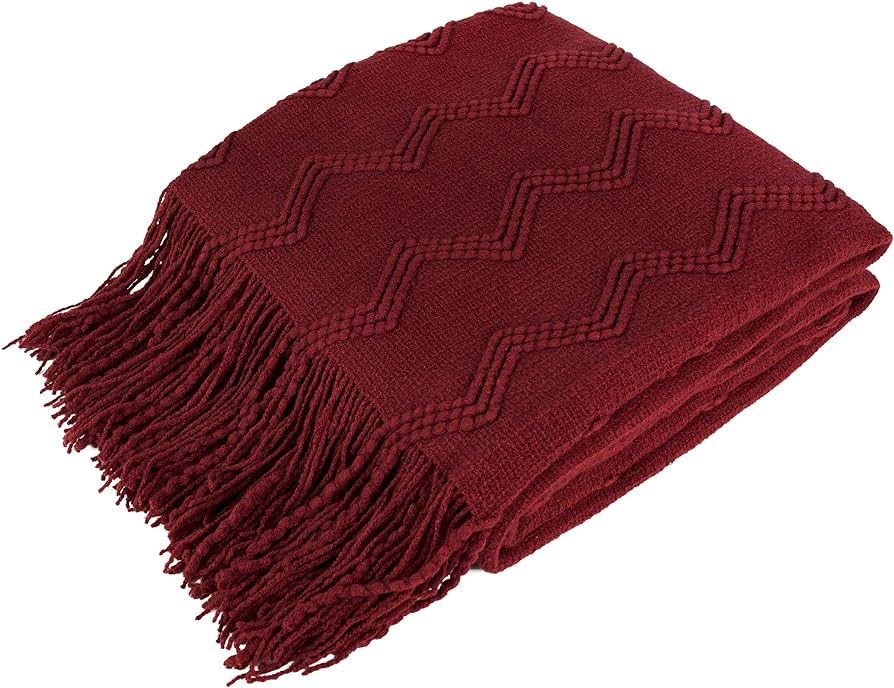 PAVILIA Maroon Red Knit Throw Blanket Couch, Soft Knitted Boho Farmhouse Home Decor Woven Throw, ... | Amazon (US)