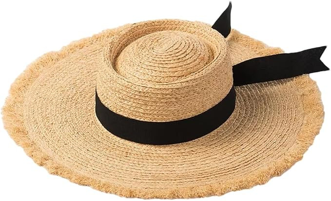 Women's Natural Raffia Hat Summer Wide Brim Beach Hat Black Ribbon Straw Hat Panama Sun Hat (Natu... | Amazon (US)
