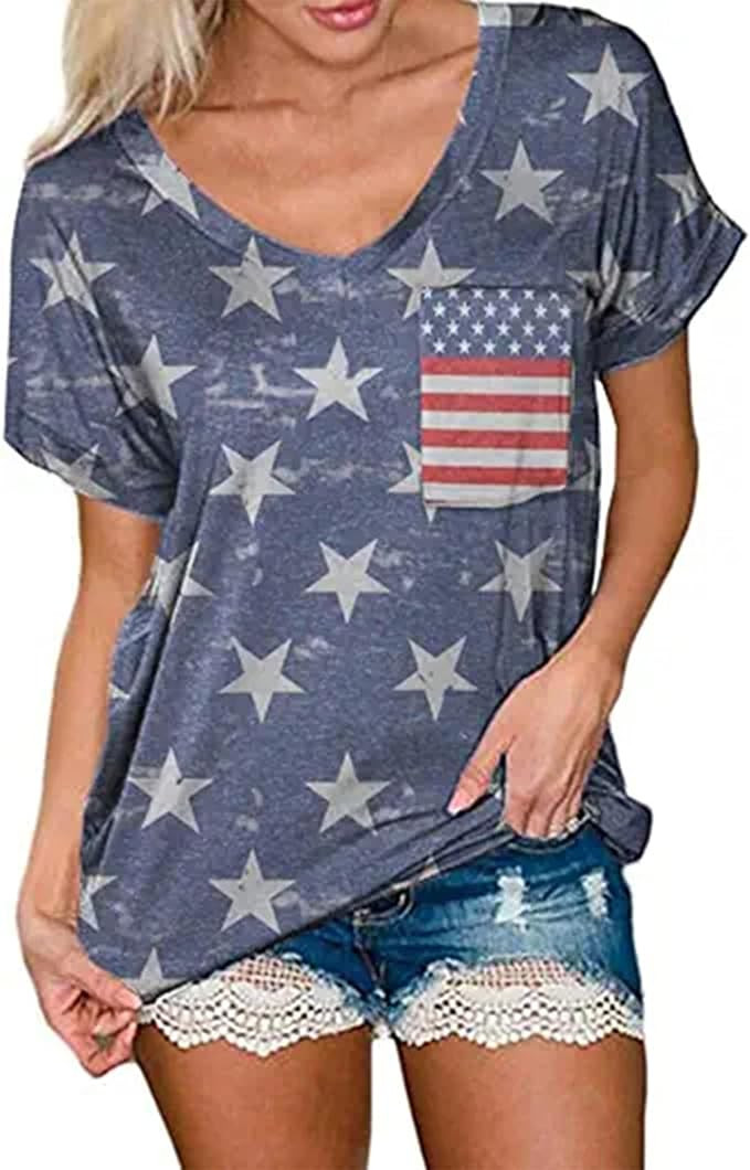 Smile Fish Women Camouflage Print V-Neck Shirt Independence Day T-Shirt Short Sleeve Tops | Amazon (US)