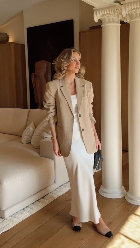 Wardrobe staples, spring outfit, oversized beige blazer, white ribbed tank top, cream maxi satin slip skirt, two tone slingbacks, black round bag, two tone earrings

#LTKstyletip #LTKeurope #LTKSeasonal