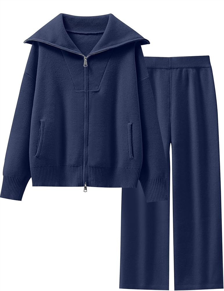 Caracilia Womens 2 Piece Outfits Knit Zip Up Sweater Lounge Set Wide Leg Pants Tracksuit Loungewe... | Amazon (US)