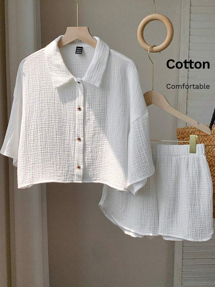 Comfortcana Women's Summer Resort Linen White Short Sleeve Shirt And Shorts Set For Everyday Resort Wear | SHEIN
