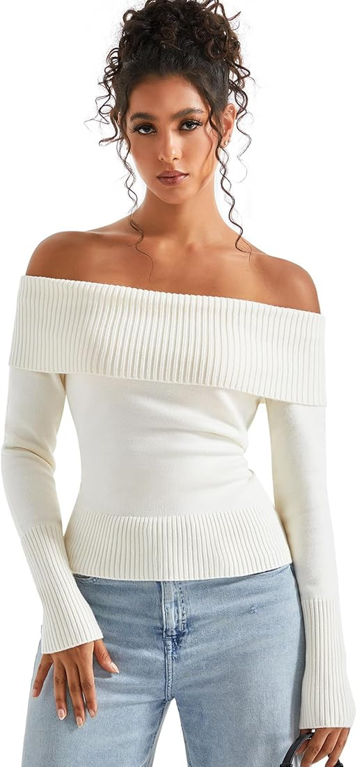 SUUKSESS Women Off Shoulder Sweaters Long Sleeve Ribbed Knit Going Out Fall Tops Blouse | Amazon (US)