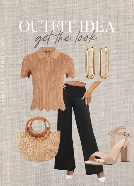 Outfit idea get the look 🙌🏻🙌🏻

Workwear, black flow pants, straw bags, high heeled, sandals, earrings