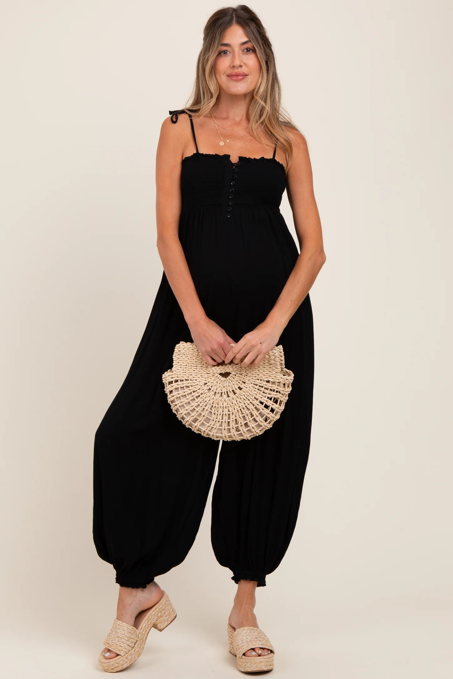 Black Smocked Button Front Shoulder Tie Maternity Jumpsuit | PinkBlush Maternity