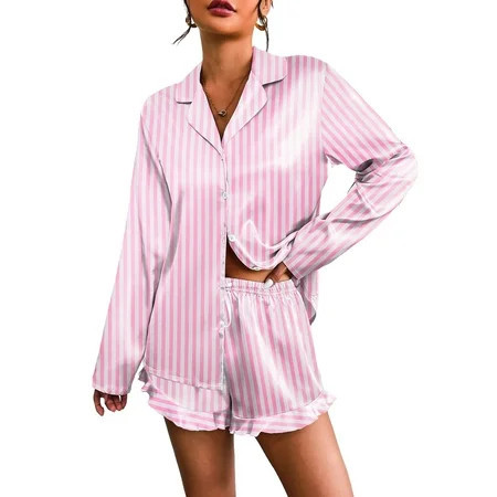 Avidlove Women Satin Pajama Sets Long Sleeve Button Down Tops and Ruffle Shorts Pjs Silk Lounge Set Notch Collar Sleepwear | Walmart (US)