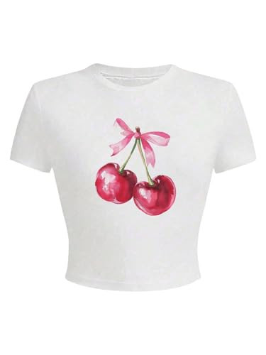 GORGLITTER Women's Cherry Bow Crop Tops Crewneck Short Sleeve Cute Tee T Shirt Summer Fashion White Medium | Amazon (US)
