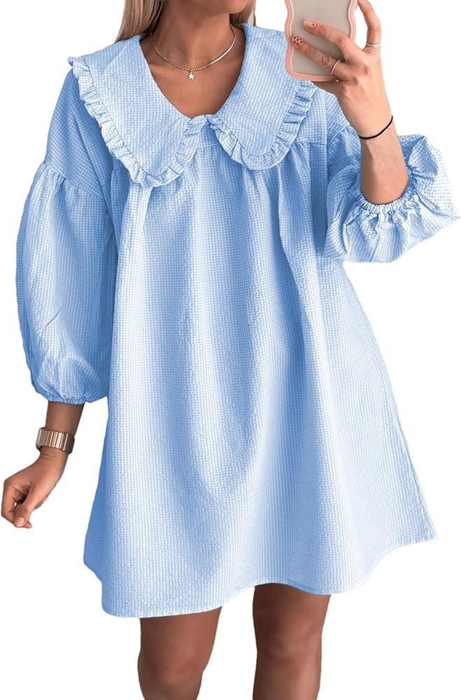 2024 Women's Babydoll 3/4 Puff Sleeve Plaid Mini Dress Lapel Doll Collar Loose Y2k Dress | Amazon (US)