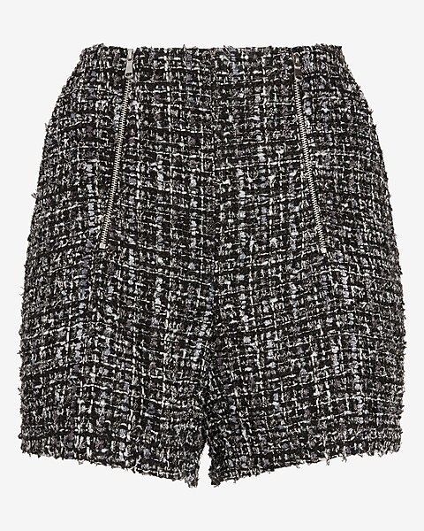 Super High Waisted Double Zipper Tweed Shorts | Express