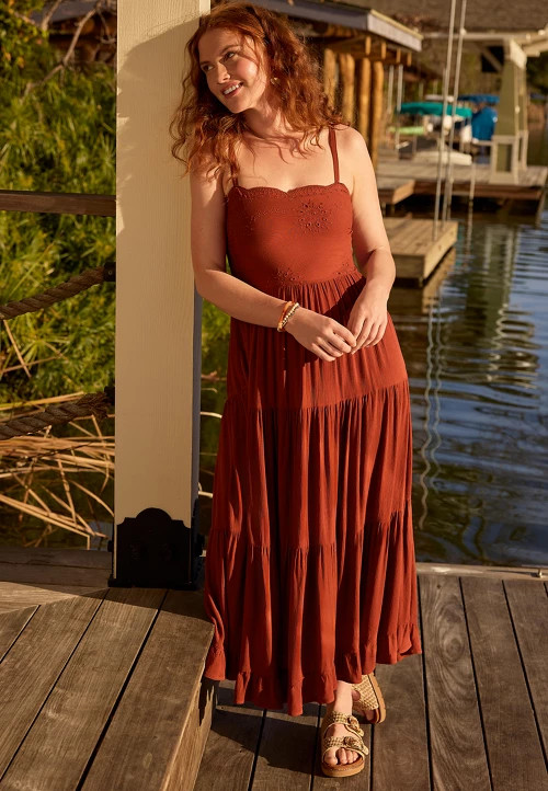 Bare Embroidered Eyelet Tiered Midi Dress | maurices | Maurices