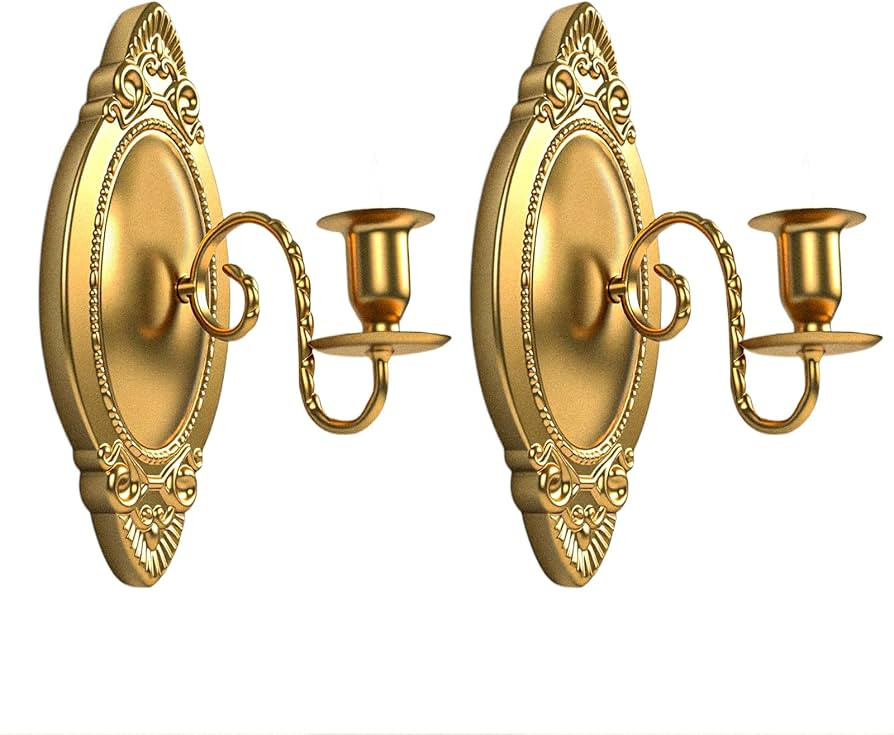 Gold Candle Sconces Set of Two, Brass Color Victorian Royal Wall Sconce, Metal Rustic Candle Hold... | Amazon (US)