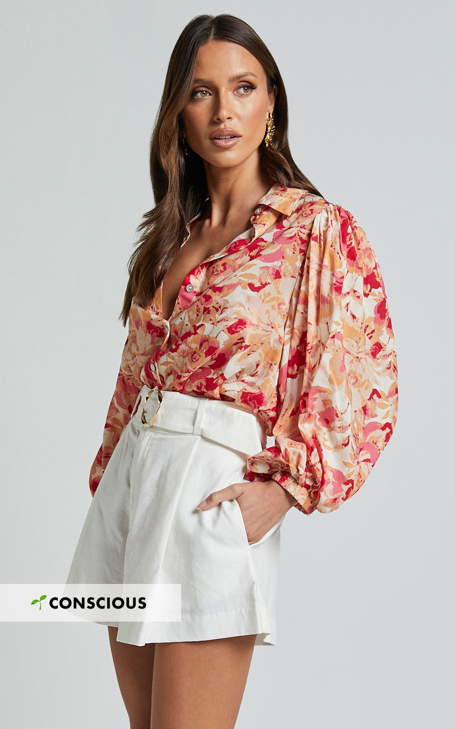 Amalie The Label - Kimmella Linen Blend Puff Sleeve Shirt in Sienna Print | Showpo (US, UK & Europe)
