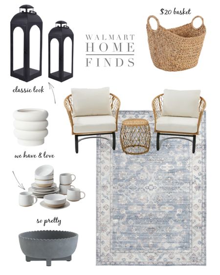 Home finds that won’t break the bank. Love this beautiful rug and the scalloped planter. We have the dishes and they have been great. @walmart 