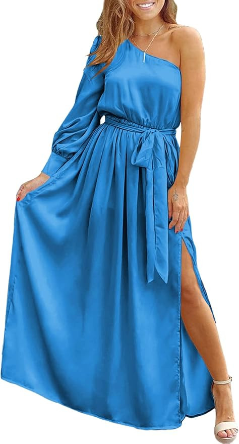 KIRUNDO Women's Satin Long Sleeve One Shoulder Maxi Dress Asymmetrical Belted Tie Waist Split Par... | Amazon (US)