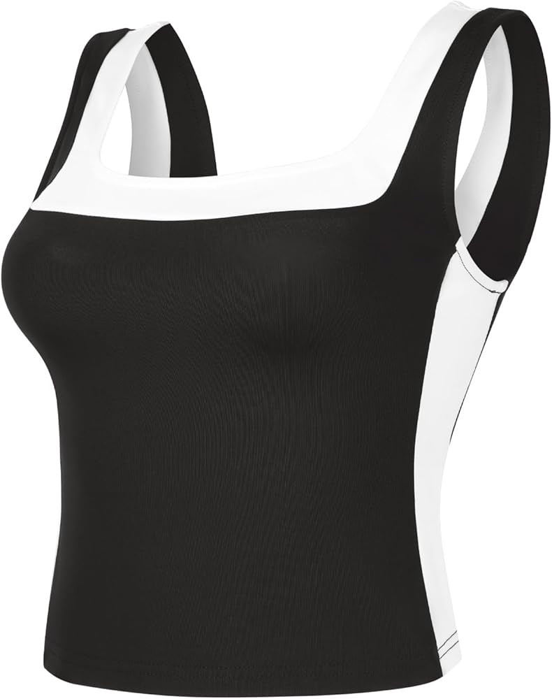 Womens Crop Tank Tops Summer Square Neck Top Slim Fitted Color Block Yoag Shirts | Amazon (US)