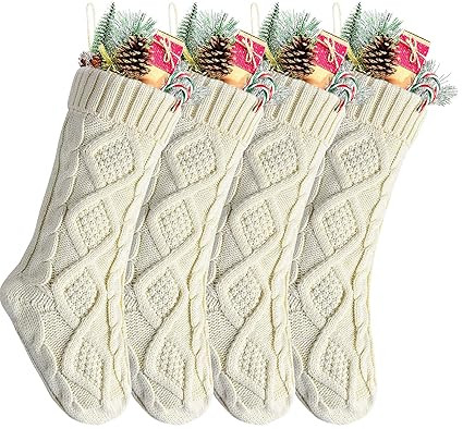 Kunyida 18" 4PCS Unique Ivory White Knitted Christmas Stockings,Style2 | Amazon (US)