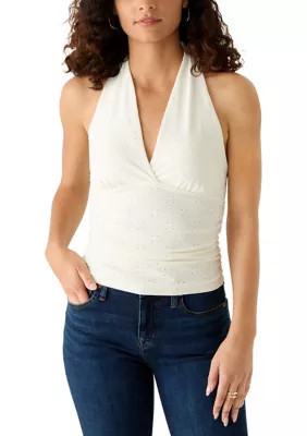 Pink Rose Women's Halter V-Neck Eyelet Ruch Top | Belk