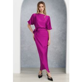 Satin Short-Sleeve Wrapped Waist Maxi Dress in Magenta | Chicwish