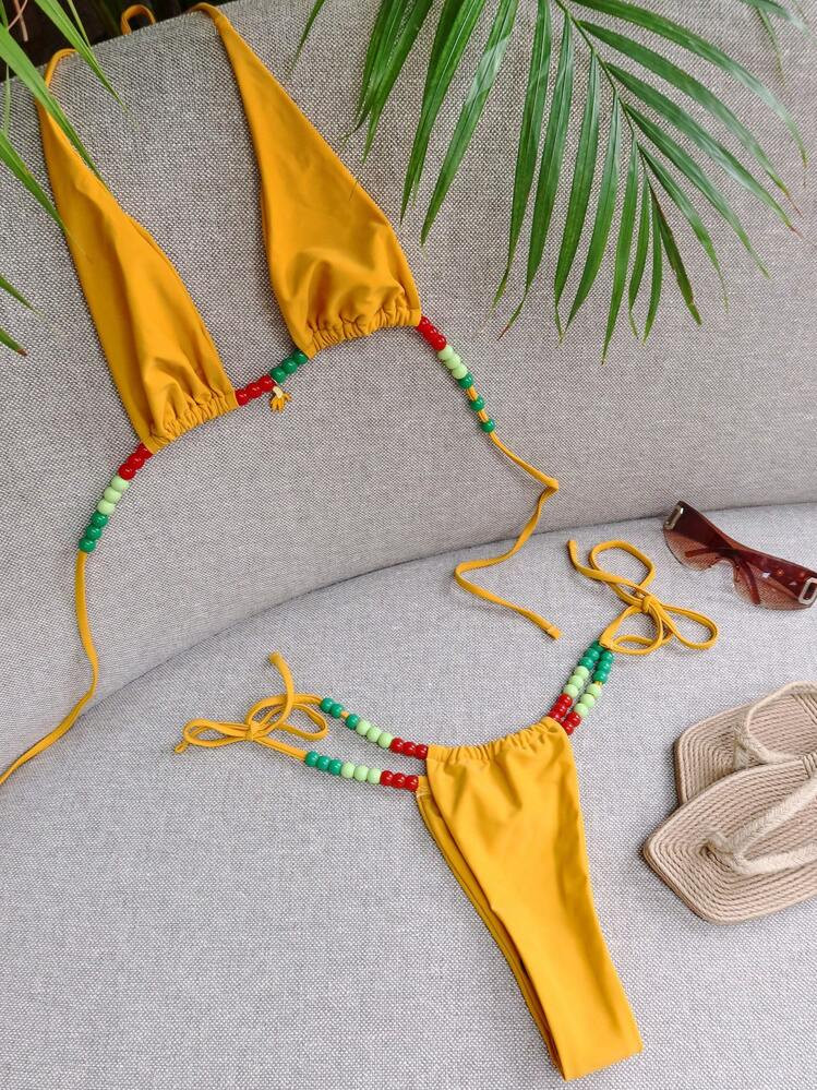 MUSERA Bead Waist Triangle Charm Detail Bikini Set Spring, Summer, Ibiza, Holiday, Cute, Festival, Vacation Beachwear, Boho Girly Pastel | SHEIN