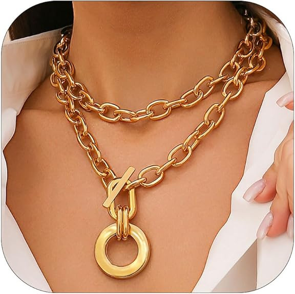 Chunky Gold Necklace for Women Layered Gold Cuban Link Chain Choker Necklace Gold Thick Statement... | Amazon (US)