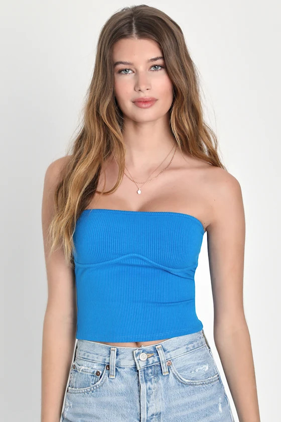 Fun-Loving Cutie Blue Ribbed Seamed Strapless Crop Top | Lulus (US)