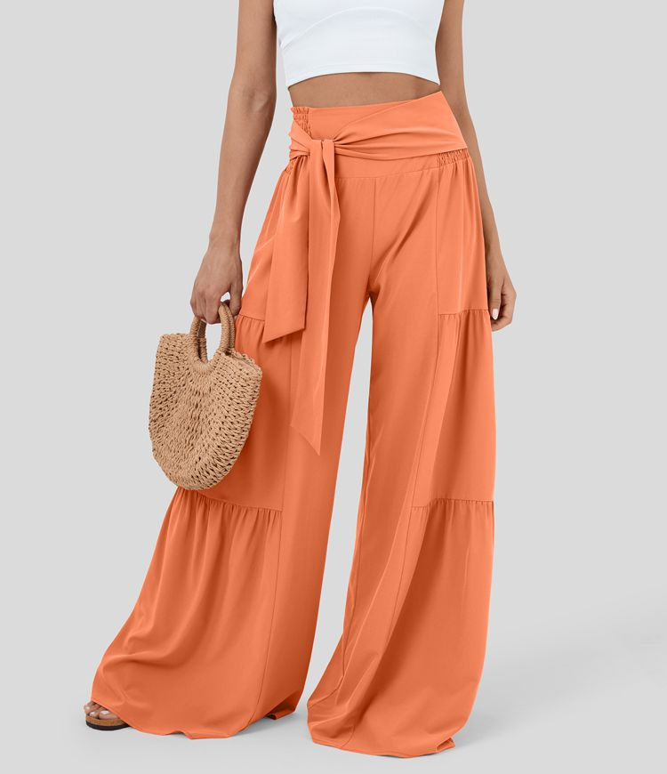 Breezeful™ High Waisted Shirred Tie Front & Back Plicated Wide Leg Flowy Quick Dry Casual Pants | HALARA