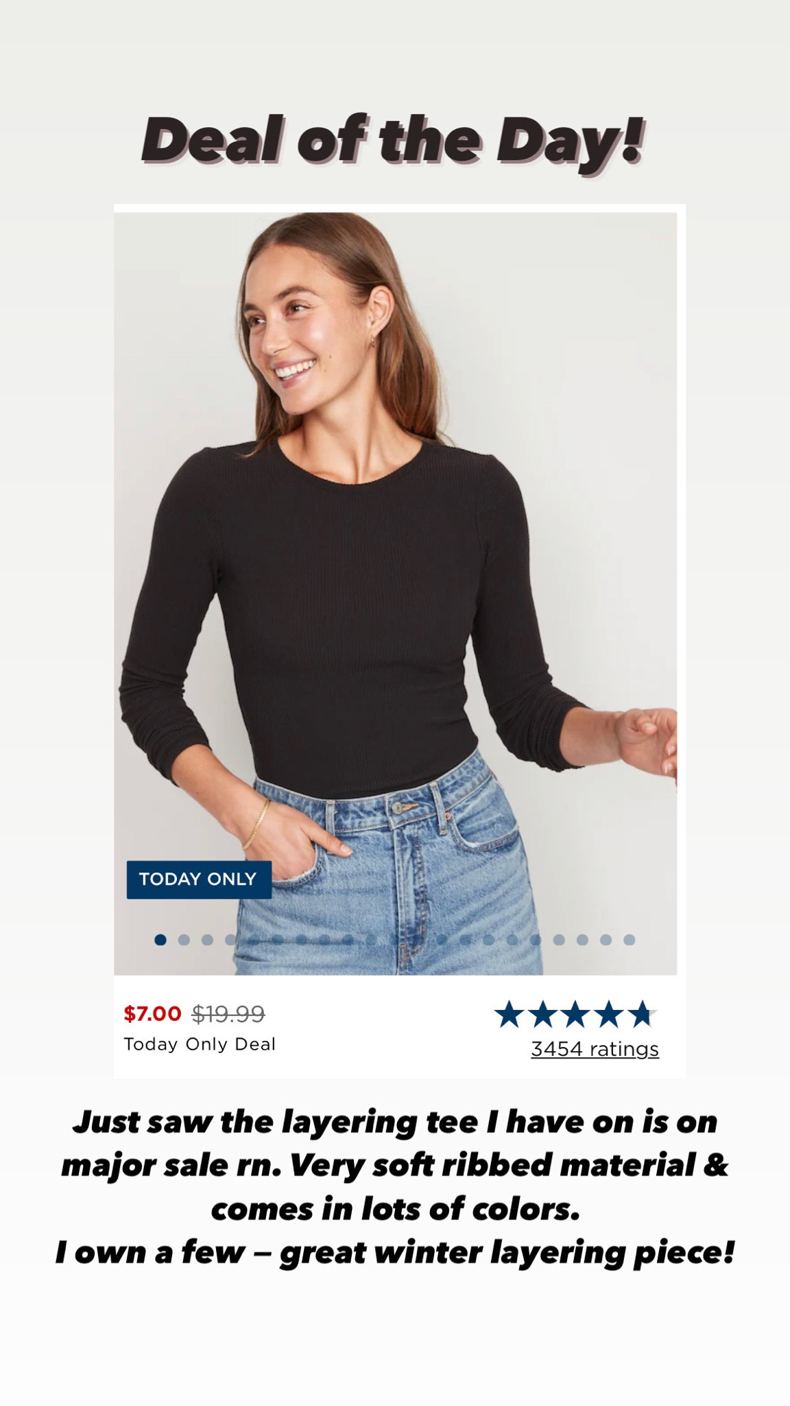Deal of the Day - super soft ribbed layering tee over only $7 today. Normally $20. Fits just like the model for me in my normal size. Lots of color options

Winter style staple. Black Friday / cyber week fashion deal