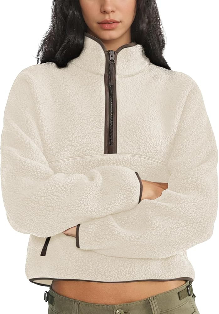 Keeliya Womens Fleece Sweatshirts Cropped Half Zip Fuzzy Warm Sherpa Pullover Varsity Jackets wit... | Amazon (US)