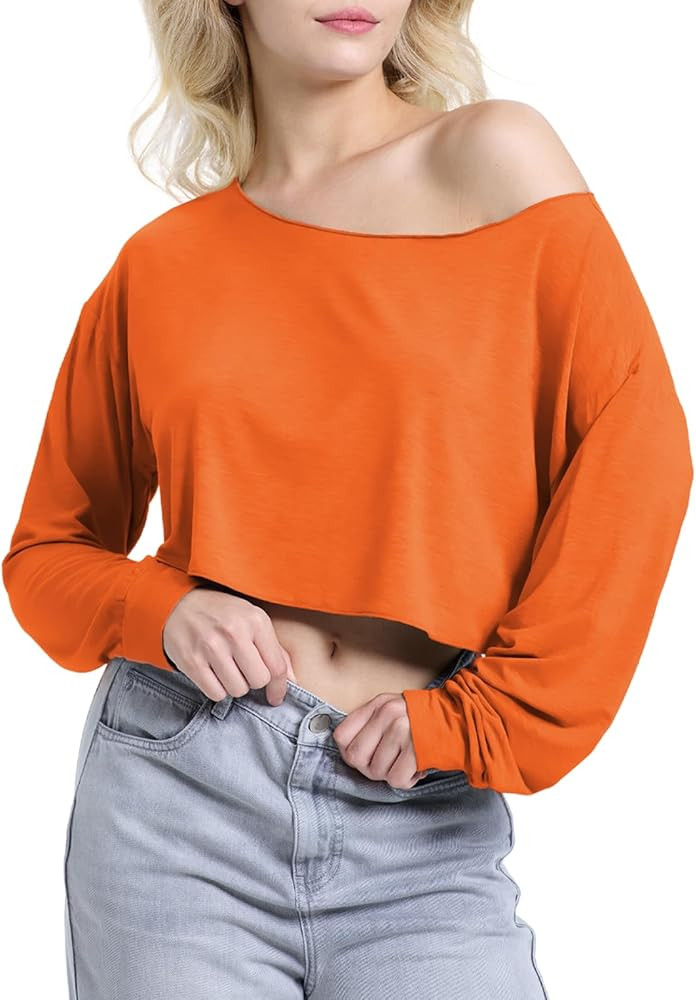 Off Shoulder Crop Top for Women Workout Gym Dance Top Spring Summer Top Boat Neck Loose Casual Lo... | Amazon (US)