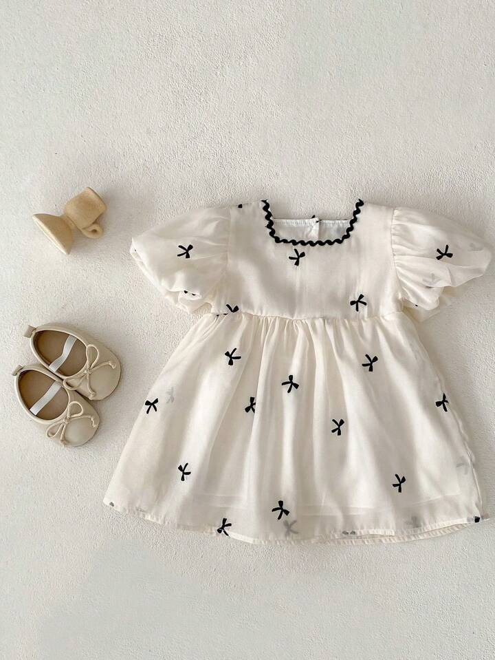 Baby Girls' Lace Collar Yarn Short Sleeve Embroidered Princess Dress, Summer | SHEIN