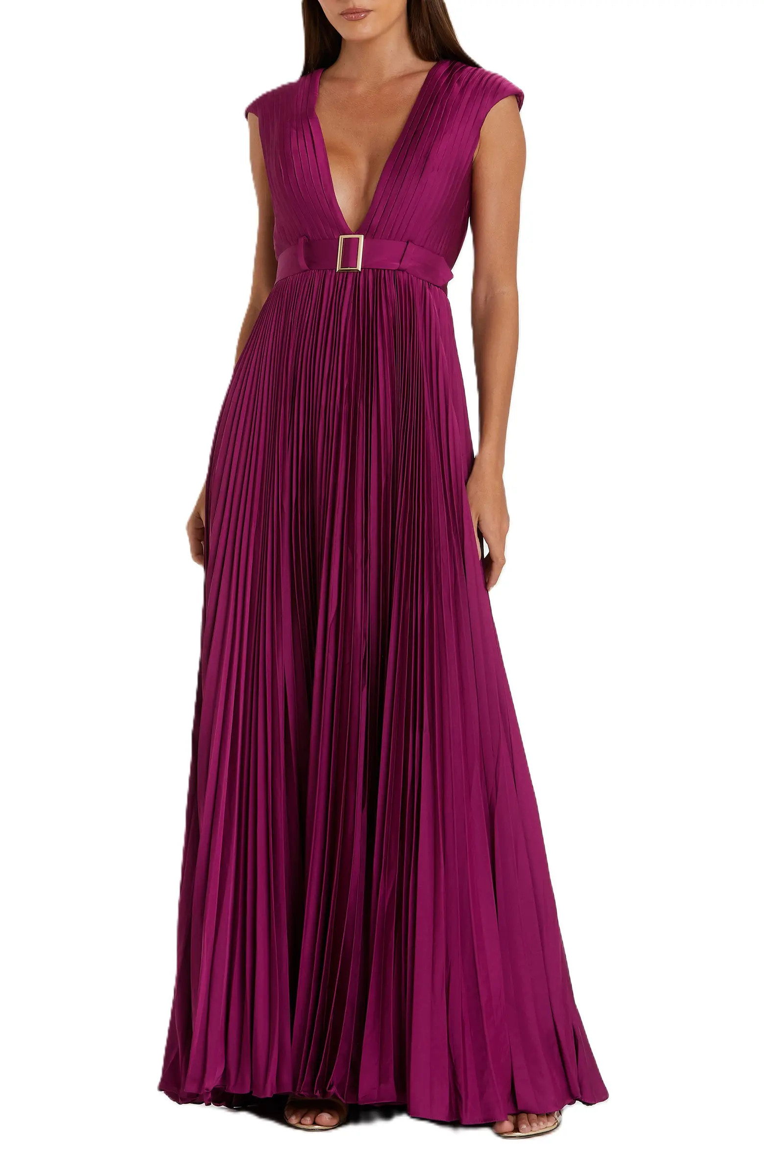 Pleated Plunge Neck Belted Satin Gown | Nordstrom
