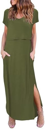 Ekouaer Women's Nursing Dress Summer V Neck Short Sleeve Maternity Split Long Dresses for Breastf... | Amazon (US)