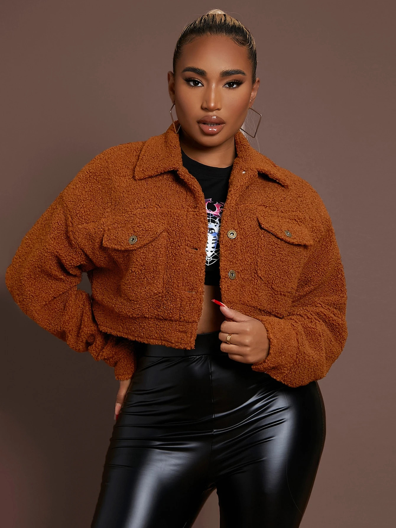 SHEIN SXY Flap Pocket Drop Shoulder Teddy Jacket | SHEIN