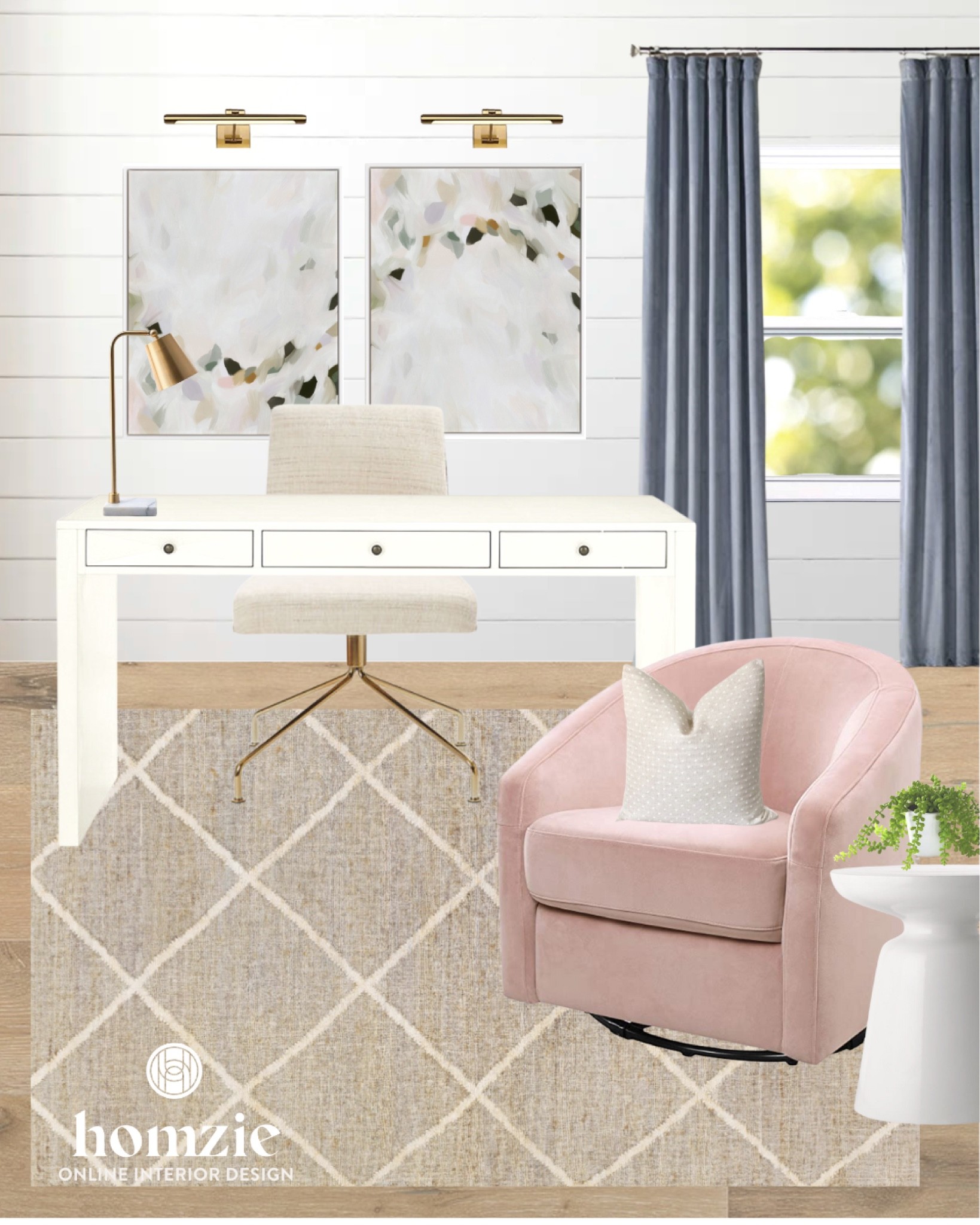 Home office decor, feminine office decor, office mood board, office design ideas, home office decor, white desk, pink chair, office chair, desk chair, wall art, home office wall art, task lamp, neutral rug, blue curtains, white side table, pretty office, mood board 

#LTKhome #LTKfamily #LTKstyletip