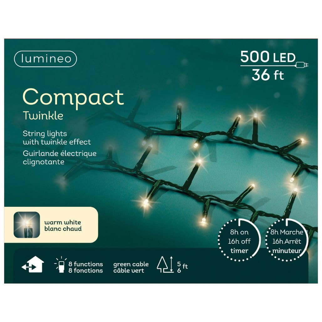 500 LED Warm White Christmas Compact Lights Set, Green Wire, Timer Included, 8 Functions | Amazon (US)