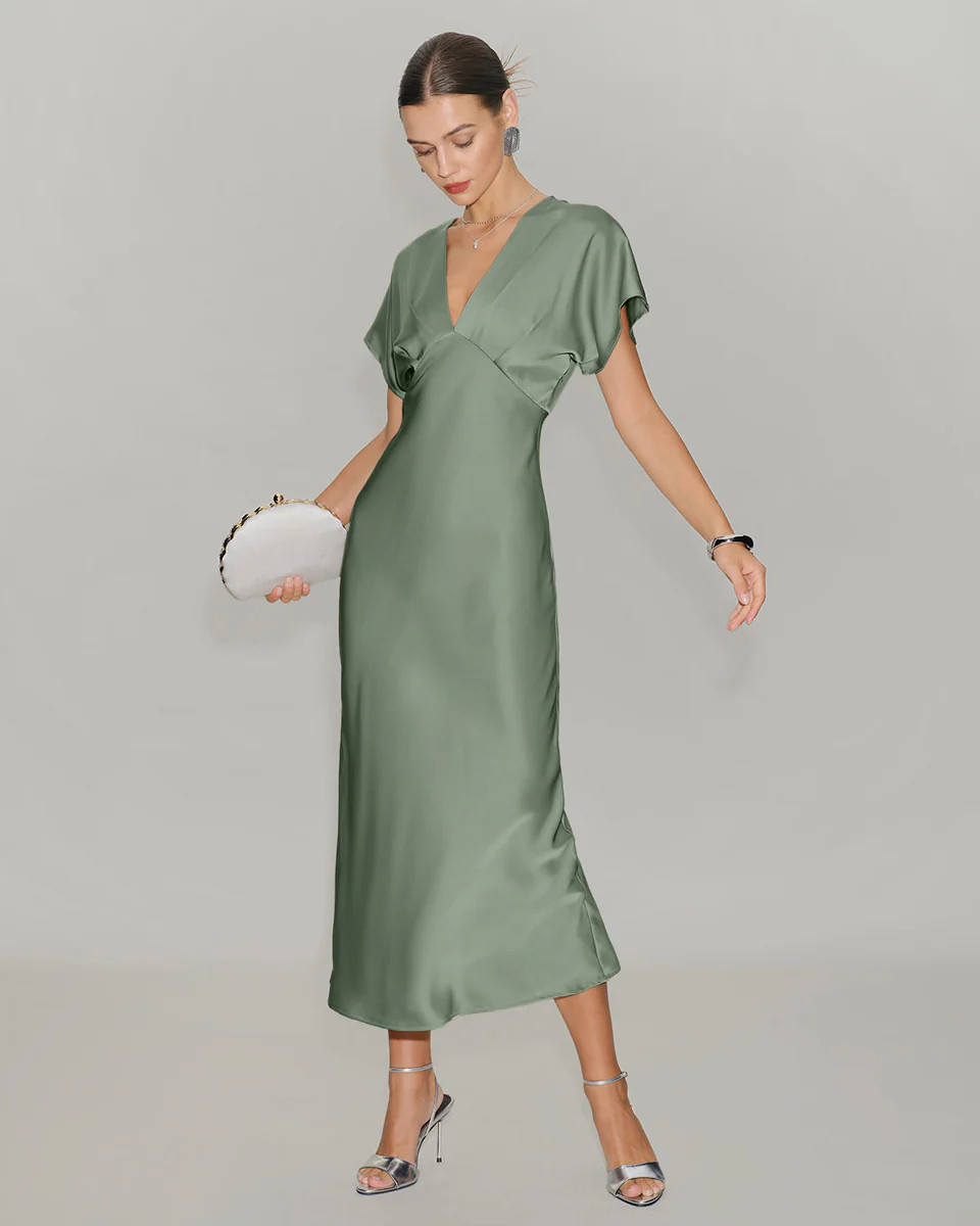 Green Satin V Neck A-Line Midi Dress | rihoas.com
