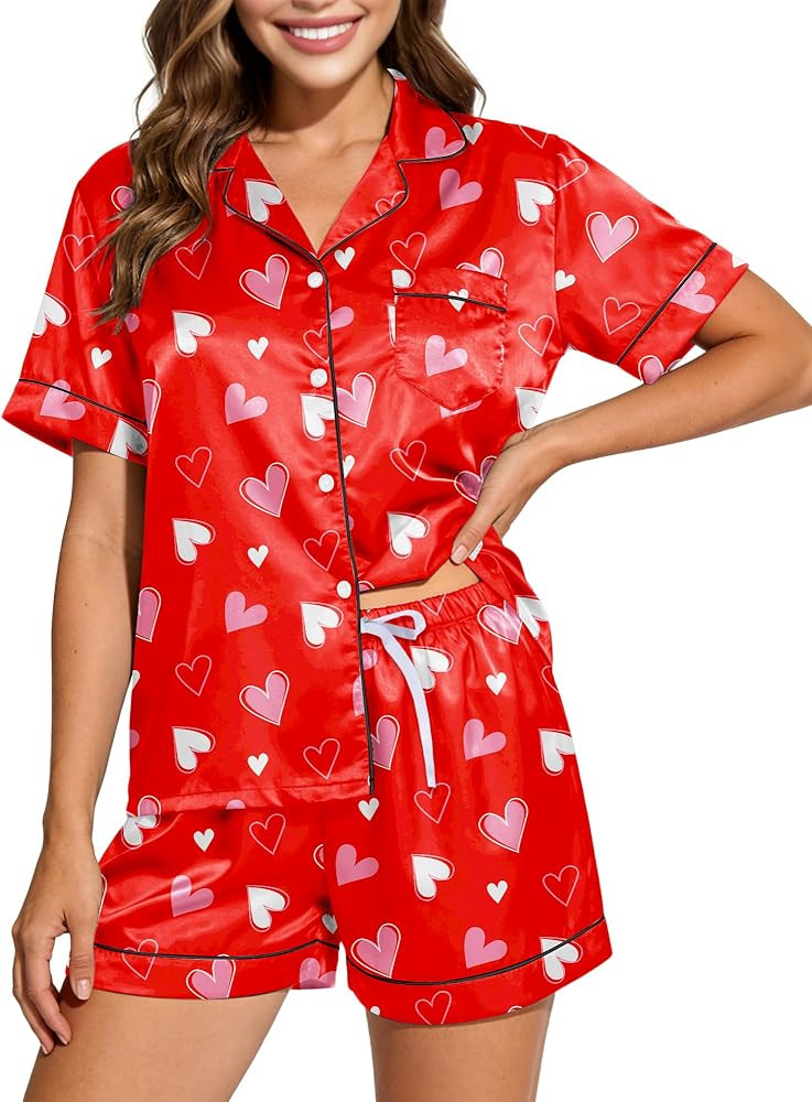 Kallenorox Womens Silky Pajama Sets Short Sleeve Loungewear 2 Pcs Satin Soft Pj Sets Button Down ... | Amazon (US)