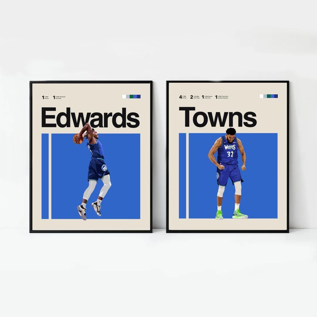 Anthony Edwards and KAT Minnesota Timberwolves BUNDLE 11x14 Minimalist, Helvetica, Midcentury Mod... | Etsy (US)