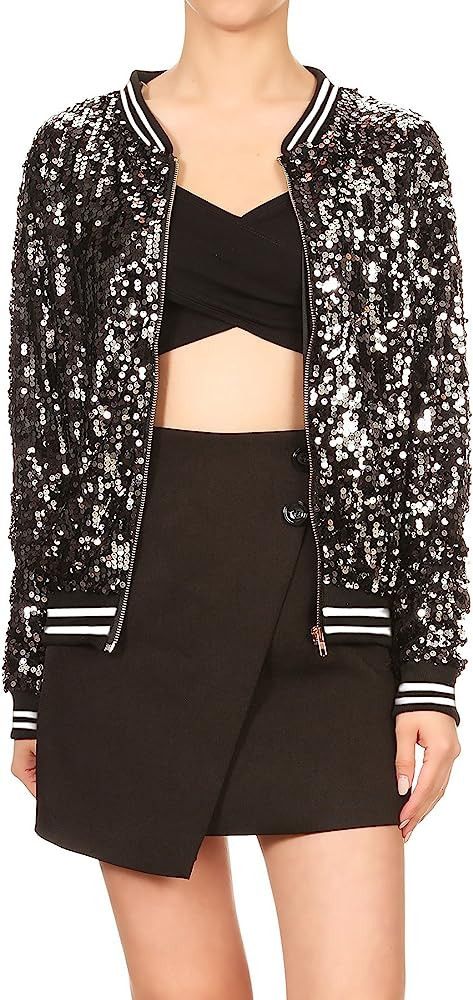 Anna-Kaci Womens Sequin Long Sleeve Front Zip Jacket with Ribbed Cuffs | Amazon (US)