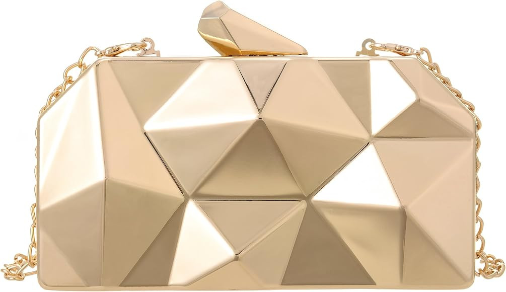 QZUnique Lattice Metal Handbag Geometric Evening Bag Abstract Stone Cut Chain Clutch Purse for Wo... | Amazon (US)