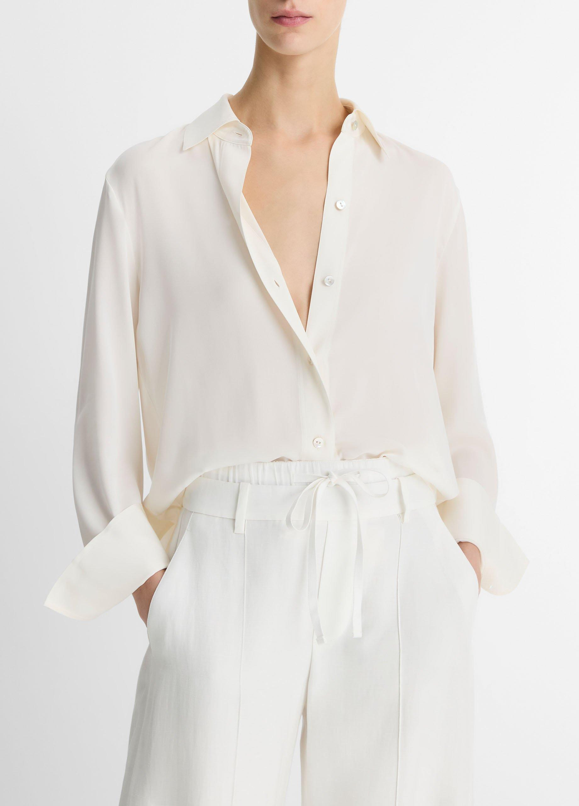 Women's Stretch-Silk Button-Front Blouse, Off White, Size XXS Vince | Vince LLC
