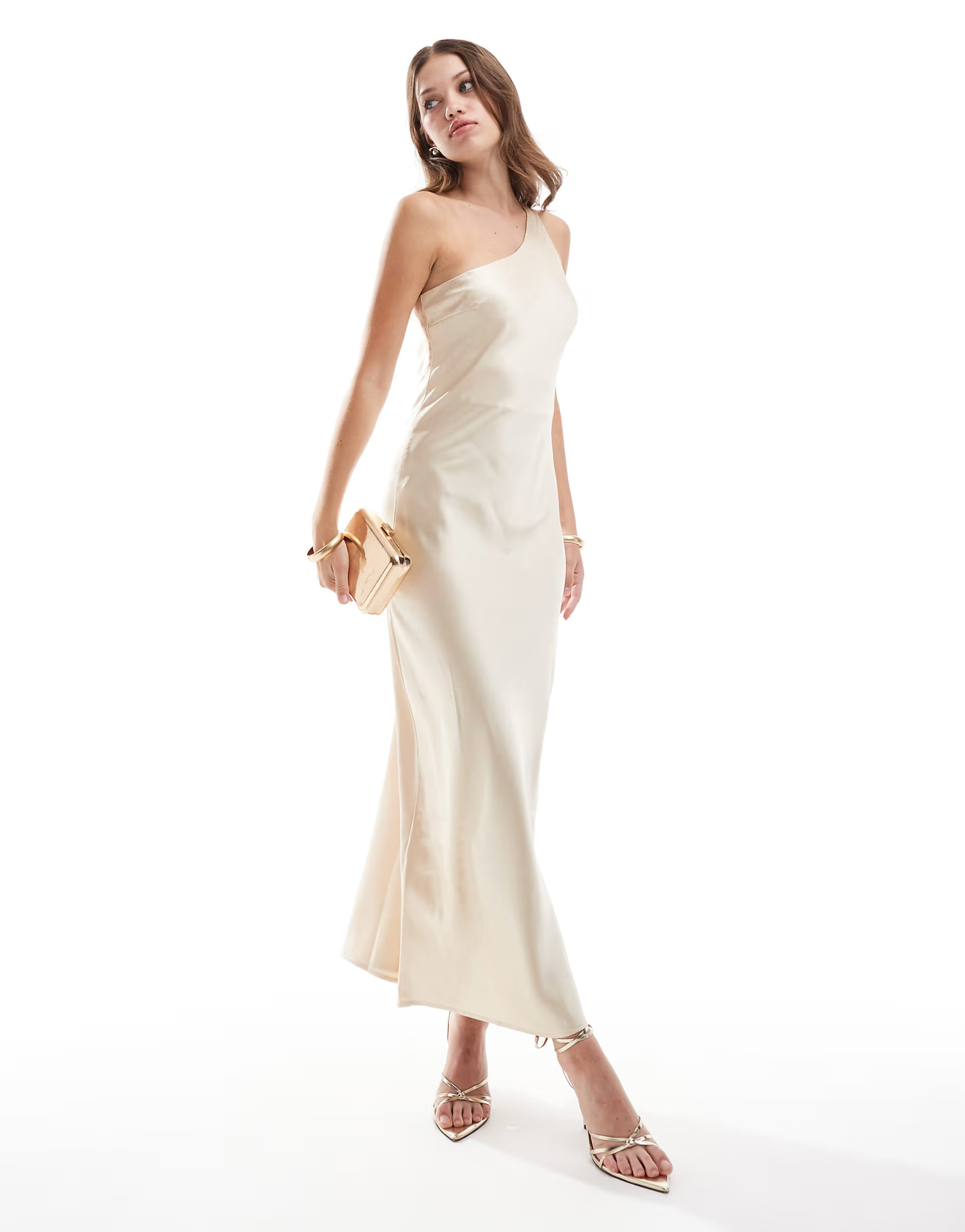 Object one shoulder satin maxi dress in cream | ASOS (Global)
