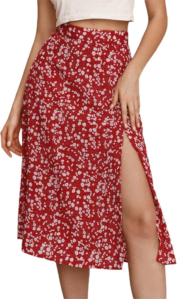 SheIn Women's Boho Ditsy Floral High Waisted Split Summer Beach A Line Midi Skirt | Amazon (US)