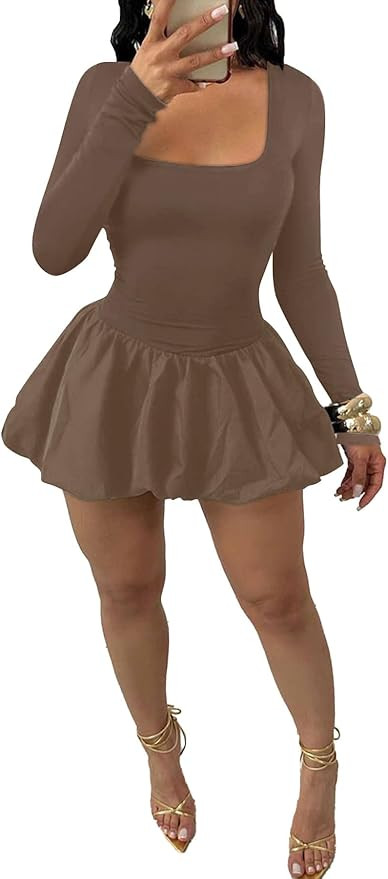 YOOTIKO Women Y2k Bubble Mini Dress Party Clubwear Sexy Square Neck Long Sleeve Cute Puffy Dress | Amazon (US)