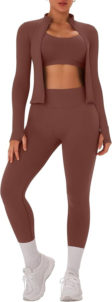 OLCHEE Womens Workout Sets 3 Piece Seamless Long Sleeve Jacket Scrunch Butt Leggings Racerback Sp... | Amazon (US)