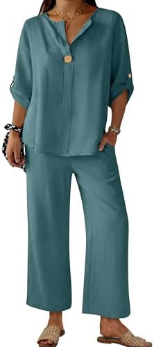 ANRABESS Womens Summer 2 Piece Lounge Sets 3/4 Sleeve V Neck Top Wide Leg Palazzo Pants Set 2026 ... | Amazon (US)