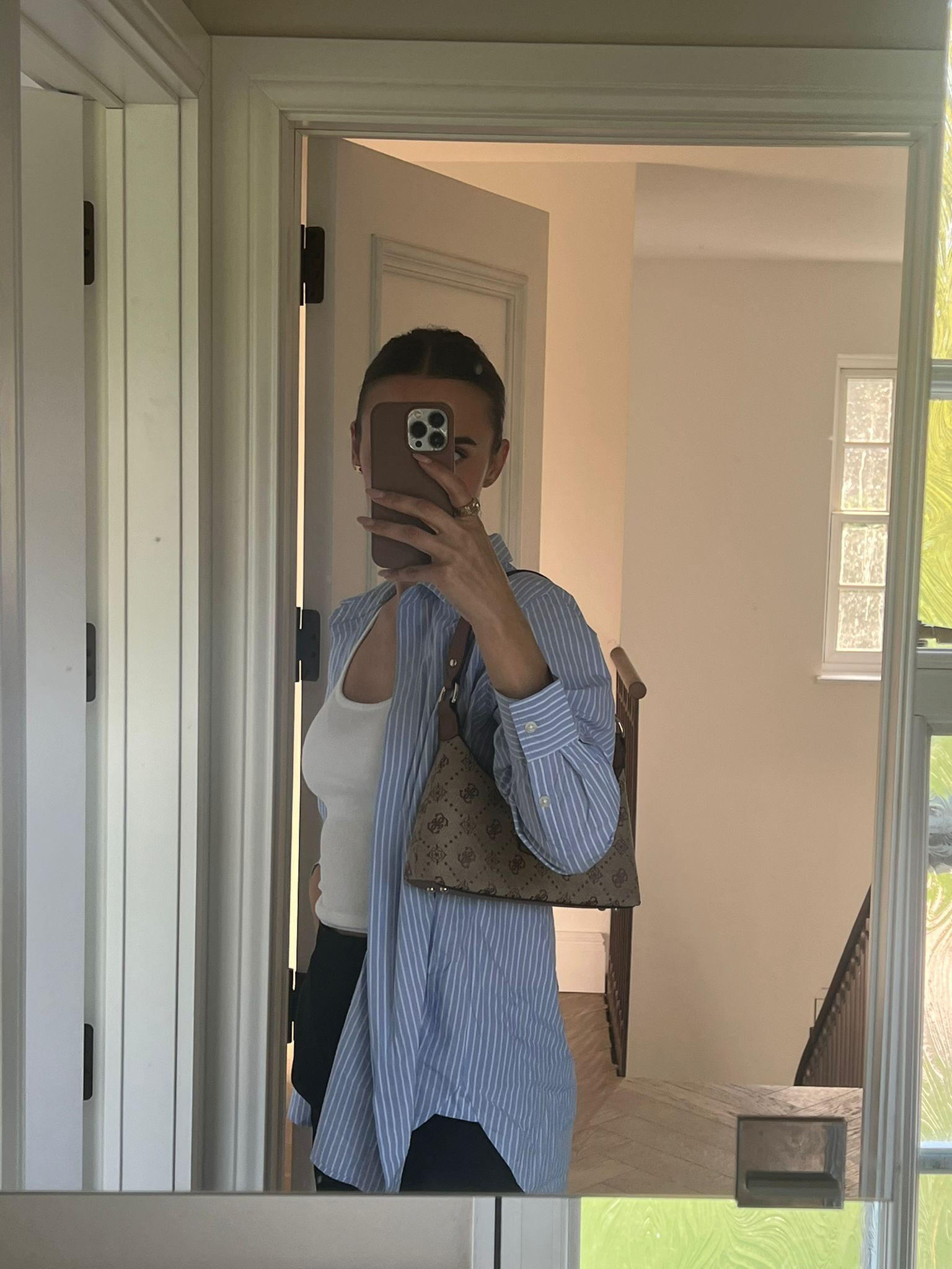 Rails pinstripe blue and white button down shirt, black tailored trousers, white ribbed vest 🤍 

 #LTKuk #LTKsummer #LTKworkwear