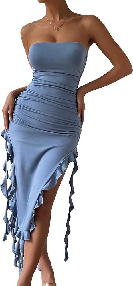 Floerns Women's Ruched Ruffle Tassel Split Dresses Slit Strapless Tube Dress | Amazon (US)