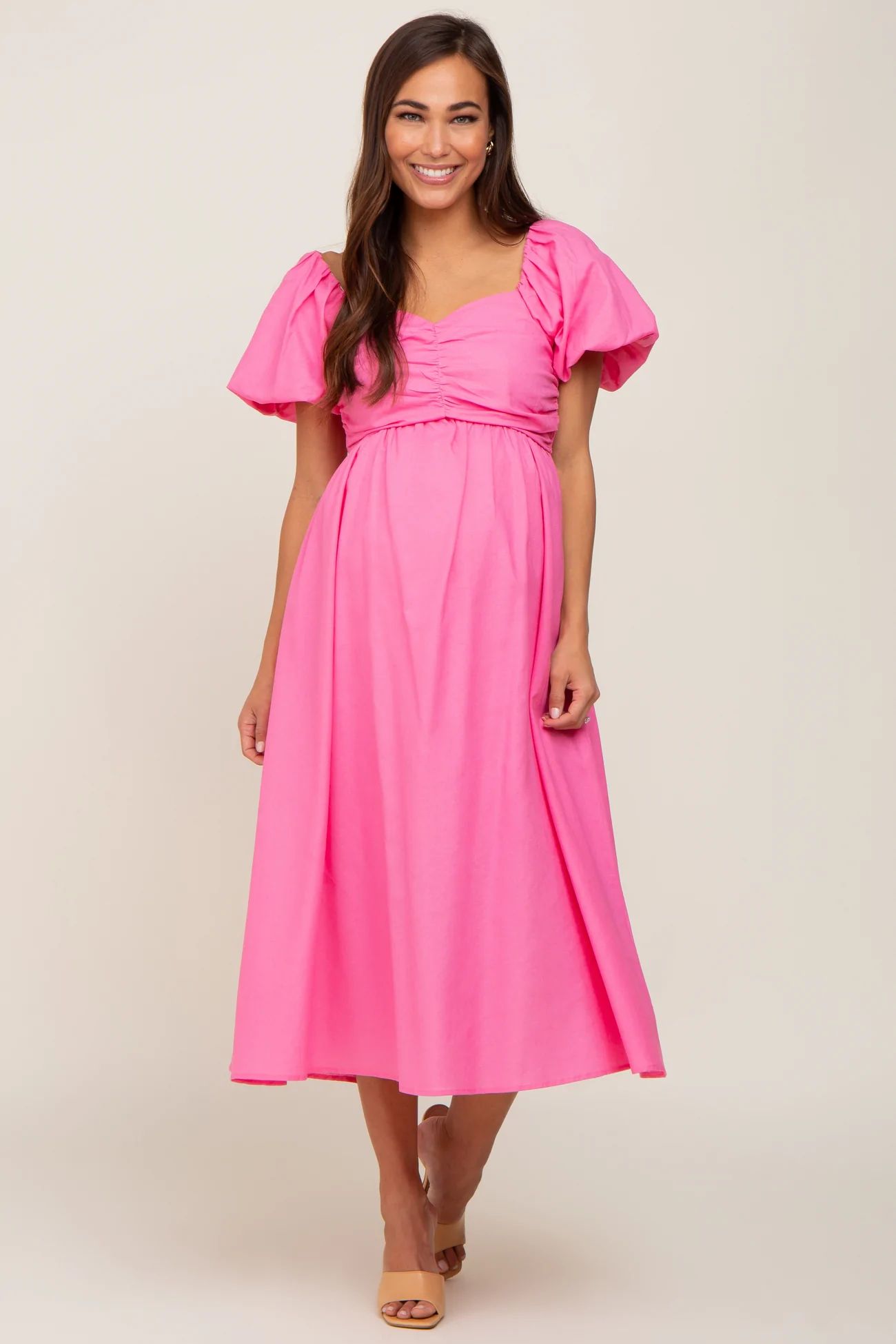 Pink Sweetheart Neck Puff Sleeve Linen Maternity Midi Dress | PinkBlush Maternity